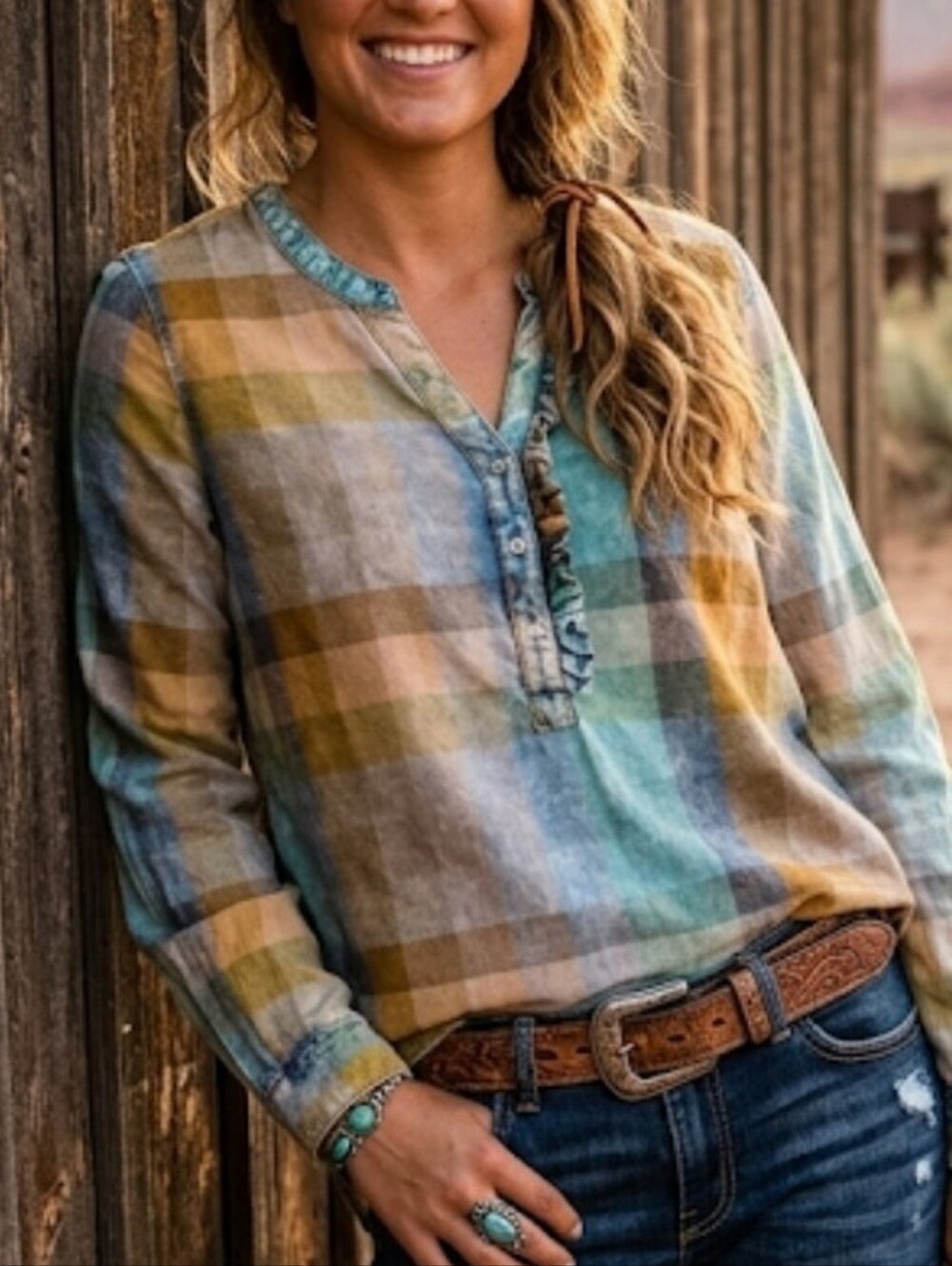 Isabella Sinclair Ruffled Henley Blouse Top Plaid Acid Wash Size Small Cabincore